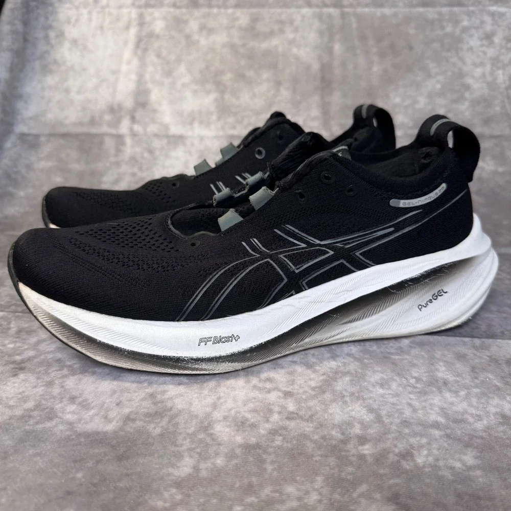 Asics Gel-Nimbus 25 Mens 10 Running Shoes Black White FF Blast+ *No Laces *liner